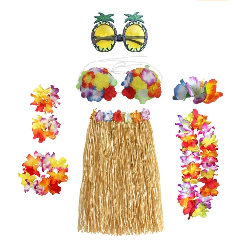 Halloween tweedelige set met rok en top, Hawaiiaans hulakostuum met grasrok en bloemenkrans
