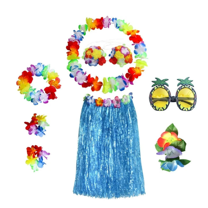 Halloween tweedelige set met rok en top, Hawaiiaans hulakostuum met grasrok en bloemenkrans