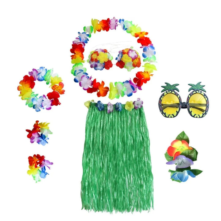 Halloween tweedelige set met rok en top, Hawaiiaans hulakostuum met grasrok en bloemenkrans
