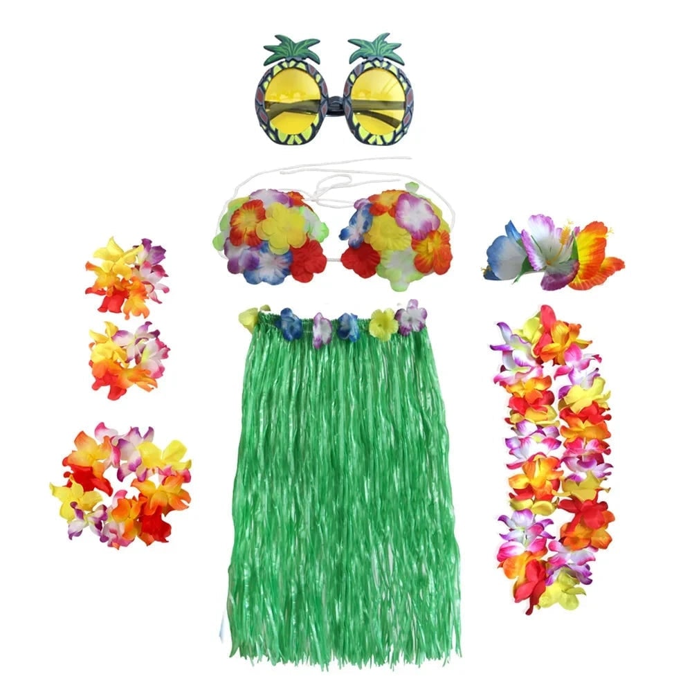 Halloween tweedelige set met rok en top, Hawaiiaans hulakostuum met grasrok en bloemenkrans