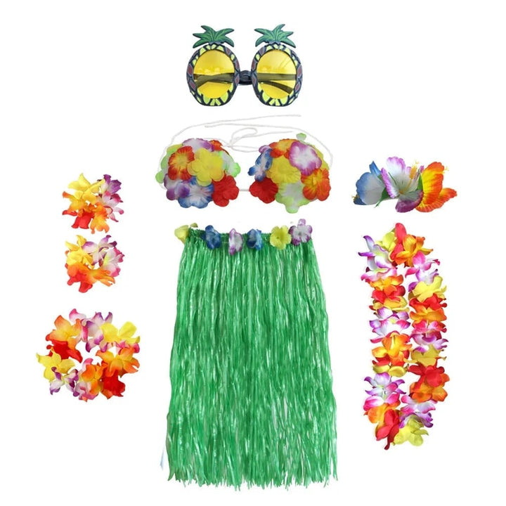 Halloween tweedelige set met rok en top, Hawaiiaans hulakostuum met grasrok en bloemenkrans