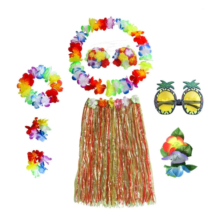Halloween tweedelige set met rok en top, Hawaiiaans hulakostuum met grasrok en bloemenkrans
