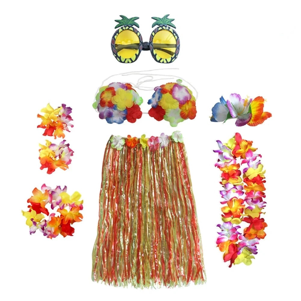 Halloween tweedelige set met rok en top, Hawaiiaans hulakostuum met grasrok en bloemenkrans