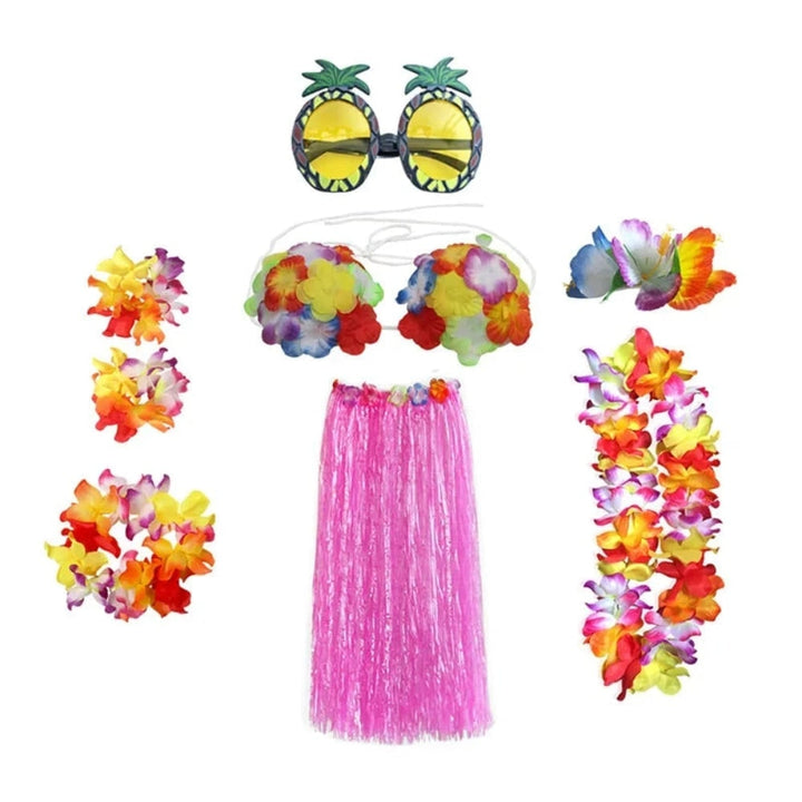Halloween tweedelige set met rok en top, Hawaiiaans hulakostuum met grasrok en bloemenkrans