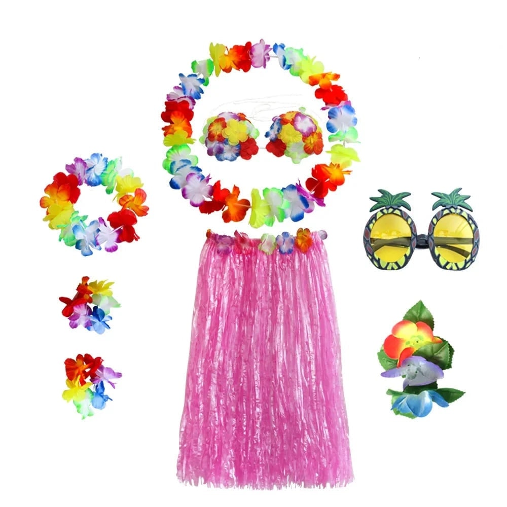 Halloween tweedelige set met rok en top, Hawaiiaans hulakostuum met grasrok en bloemenkrans