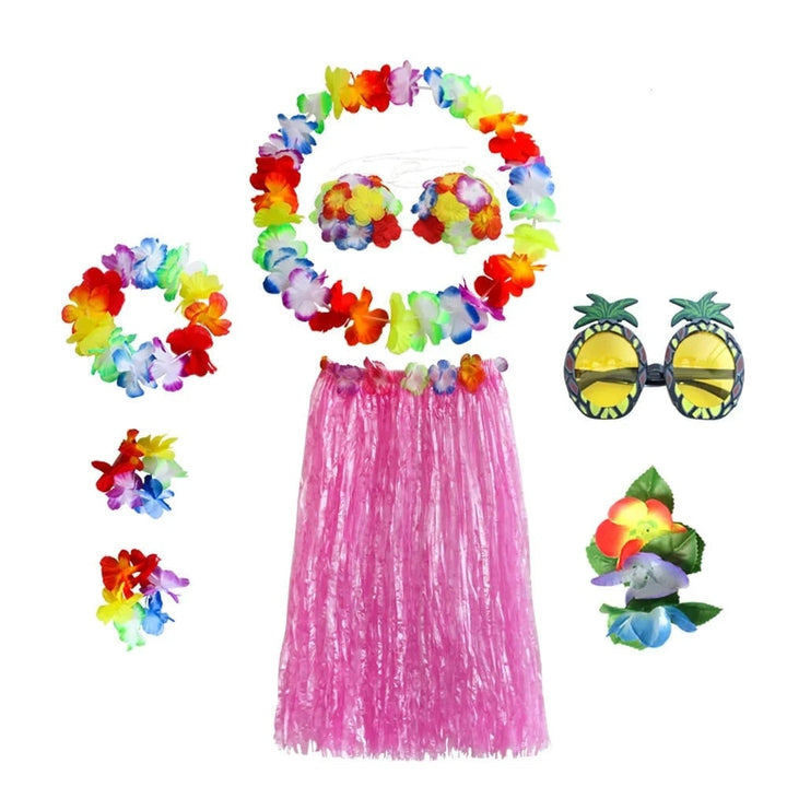 Halloween tweedelige set met rok en top, Hawaiiaans hulakostuum met grasrok en bloemenkrans