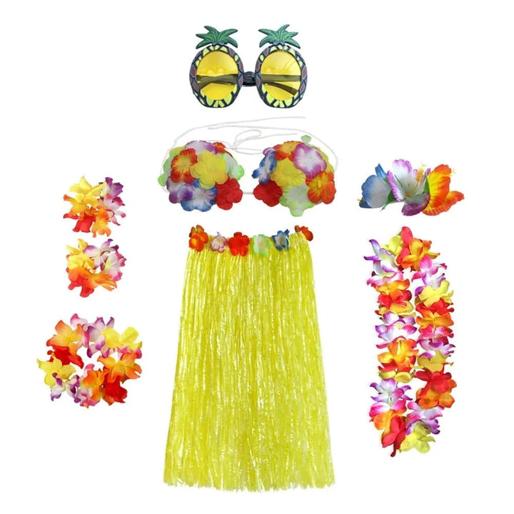 Halloween tweedelige set met rok en top, Hawaiiaans hulakostuum met grasrok en bloemenkrans
