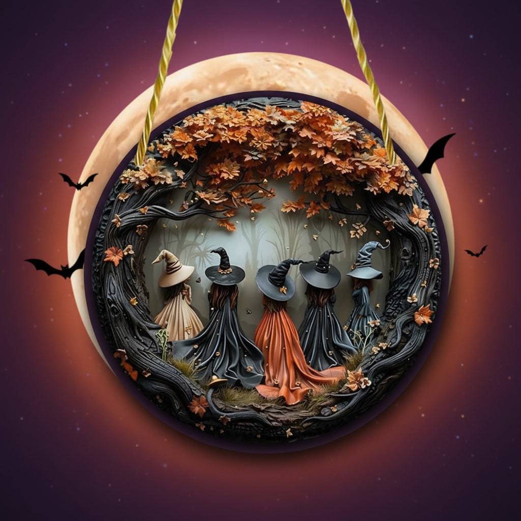 Halloween wandkunst plaquette met 3D heksenreliëf en herfstbladeren als decoratiepaneel