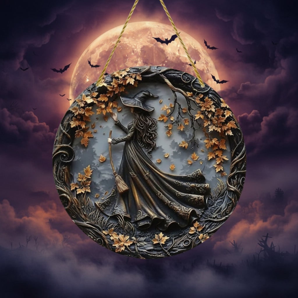 Halloween wandkunst plaquette met 3D heksenreliëf en herfstbladeren als decoratiepaneel