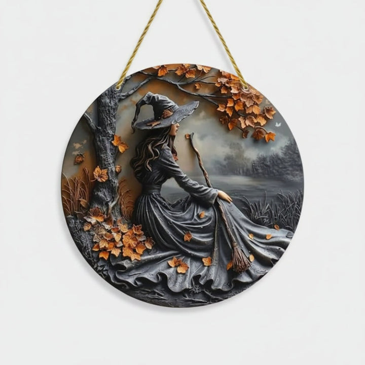 Halloween wandkunst plaquette met 3D heksenreliëf en herfstbladeren als decoratiepaneel