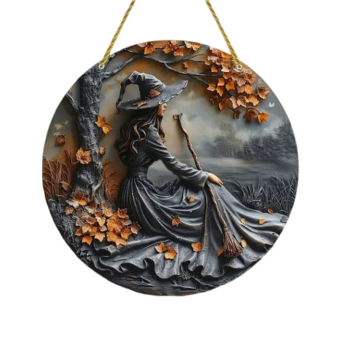 Halloween-wanddecoratiepaneel met 3D-heksenreliëf voor badkamer, keuken en slaapkamer, hout