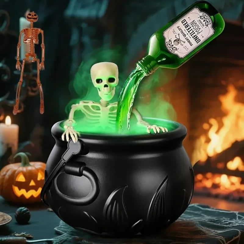 Halloween-heksenketel-decoratie met mistmachine, ledverlichting en zwevend flesje als decorstuk