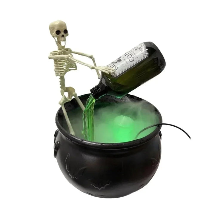 Halloween-heksenketel-decoratie met mistmachine, ledverlichting en zwevend flesje als decorstuk