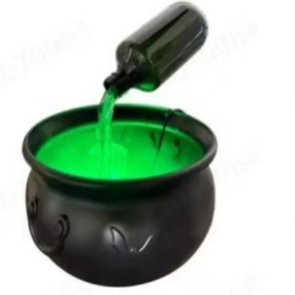 Halloween-heksenketel-decoratie met mistmachine, ledverlichting en zwevend flesje als decorstuk