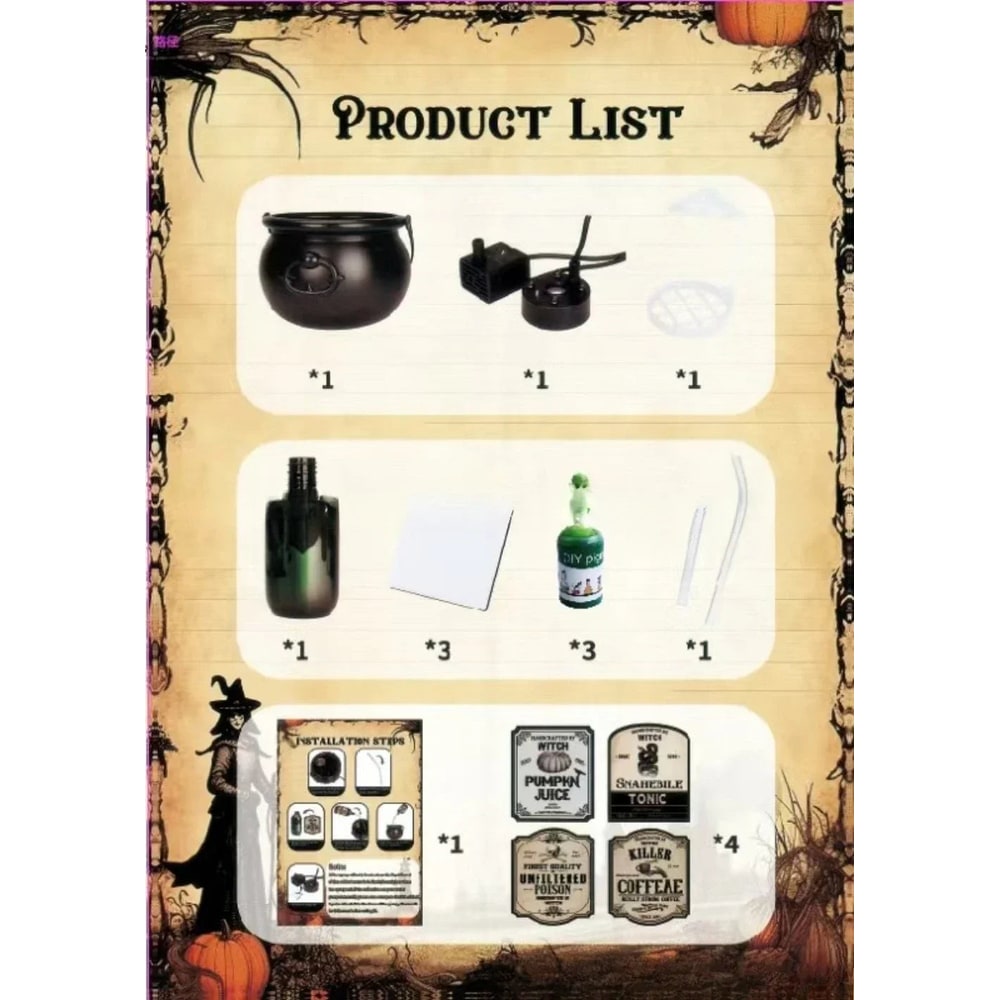 Halloween-heksenketel-decoratie met mistmachine, ledverlichting en zwevend flesje als decorstuk