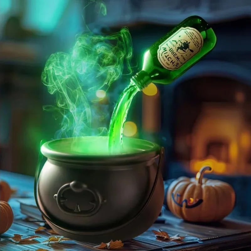 Halloween-heksenketel-decoratie met mistmachine, ledverlichting en zwevend flesje als decorstuk