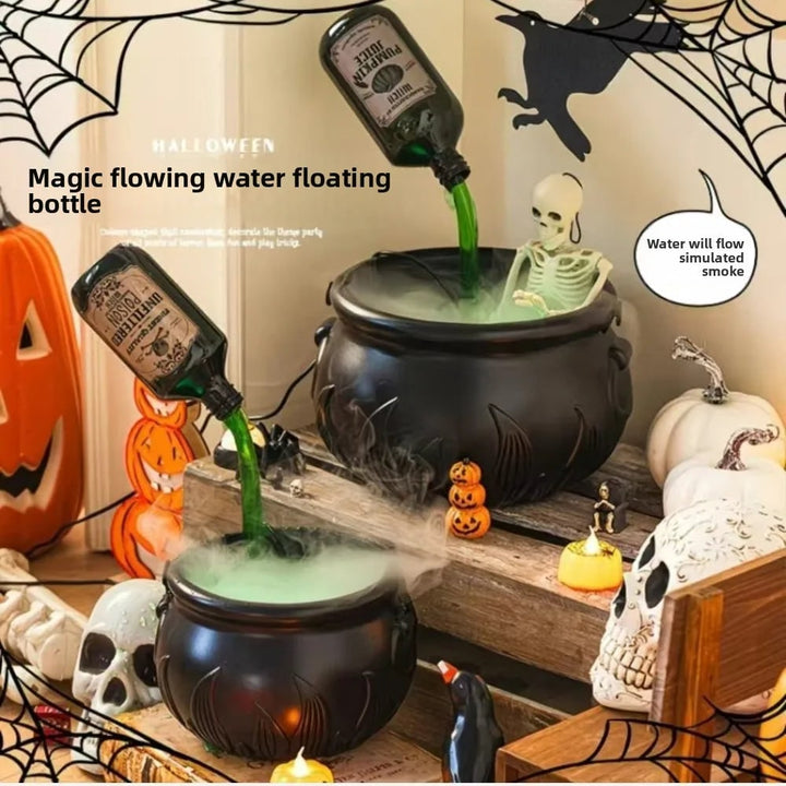 Halloween-heksenketel-decoratie met mistmachine, ledverlichting en zwevend flesje als decorstuk