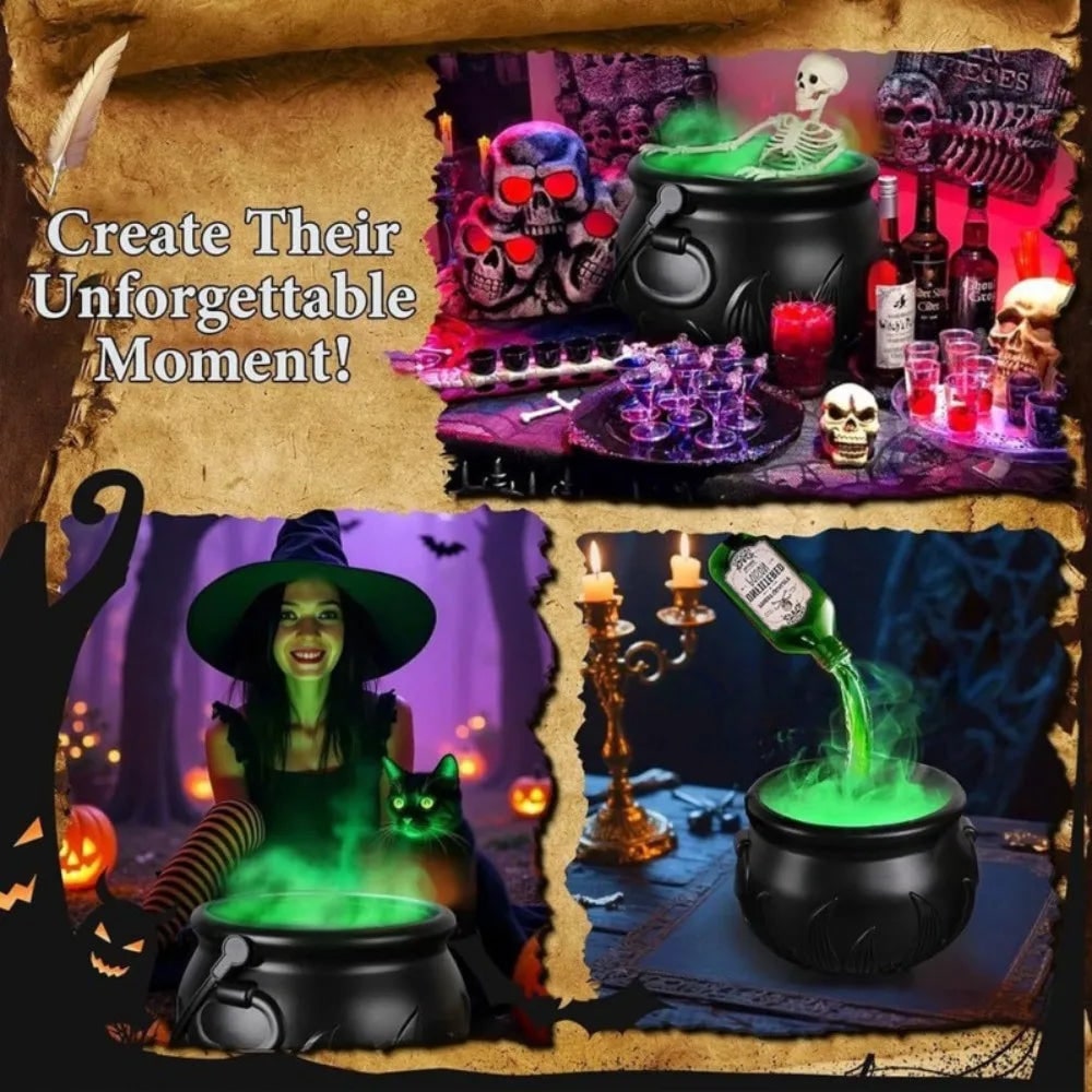 Halloween-heksenketel-decoratie met mistmachine, ledverlichting en zwevend flesje als decorstuk