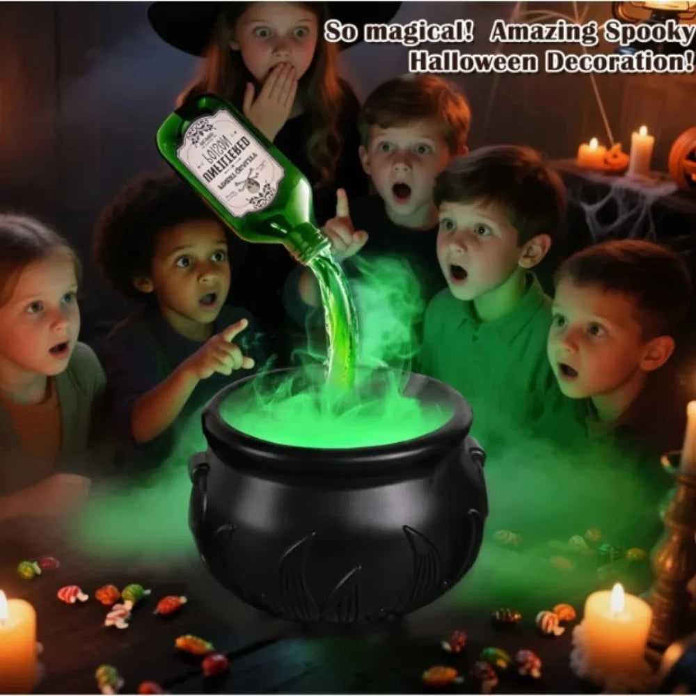 Halloween-heksenketel-decoratie met mistmachine, ledverlichting en zwevend flesje als decorstuk