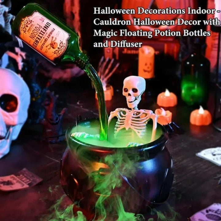 Halloween-heksenketel-decoratie met mistmachine, ledverlichting en zwevend flesje als decorstuk