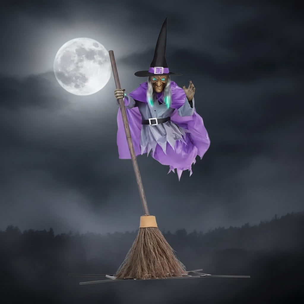 Halloween heksendecoratie, grote buitenrekwisiet met oplichtende ogen en bezemsteel voor enge tuindecoratie