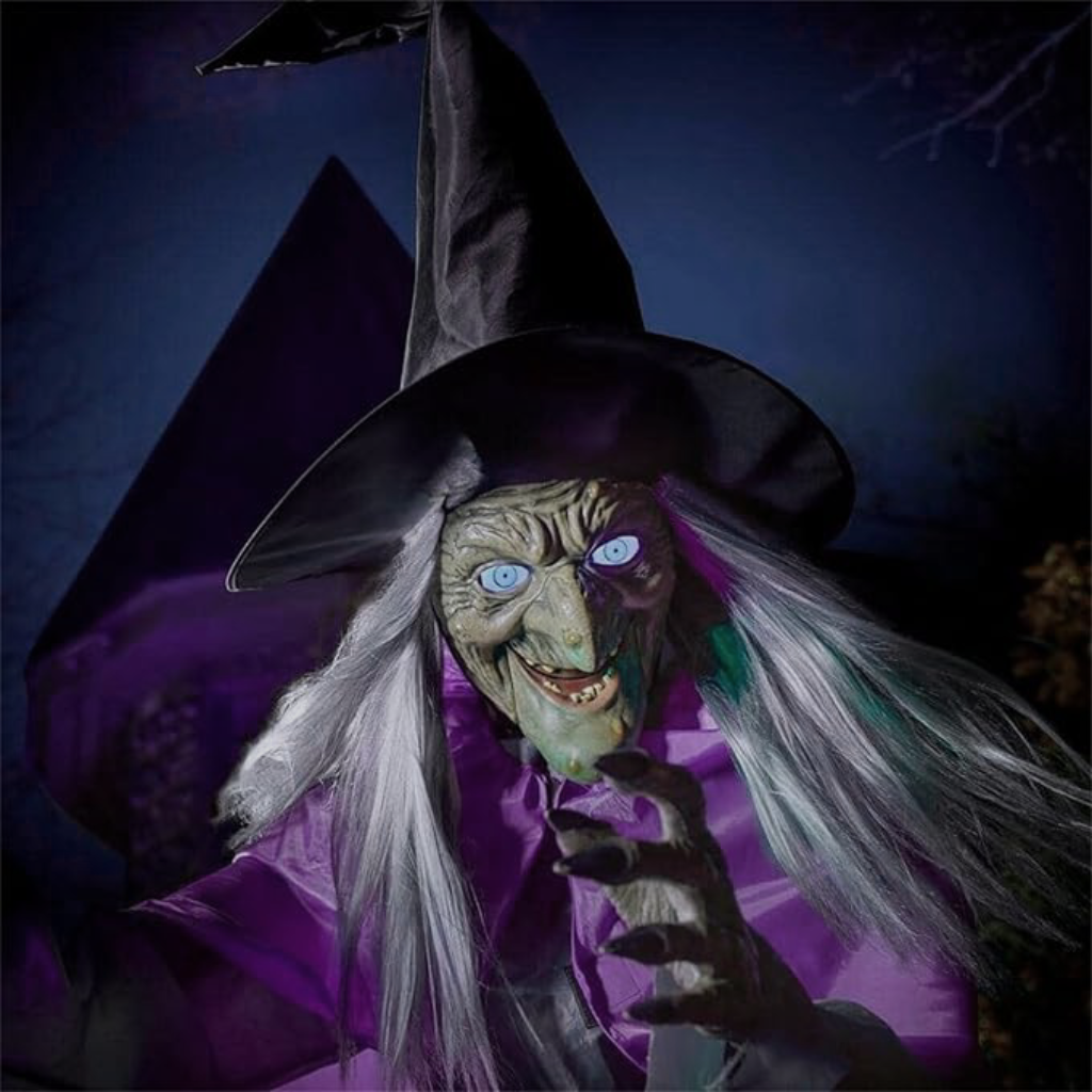 Halloween heksendecoratie, grote buitenrekwisiet met oplichtende ogen en bezemsteel voor enge tuindecoratie