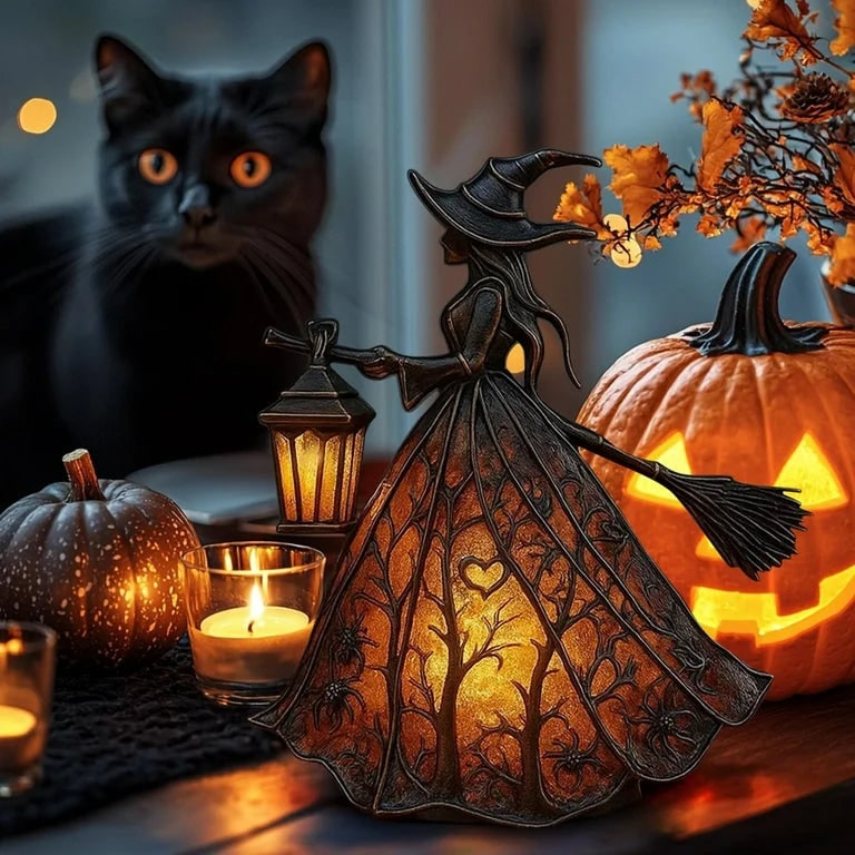 Halloween heksendecoratie beeldje met led-lantaarnlicht voor feest