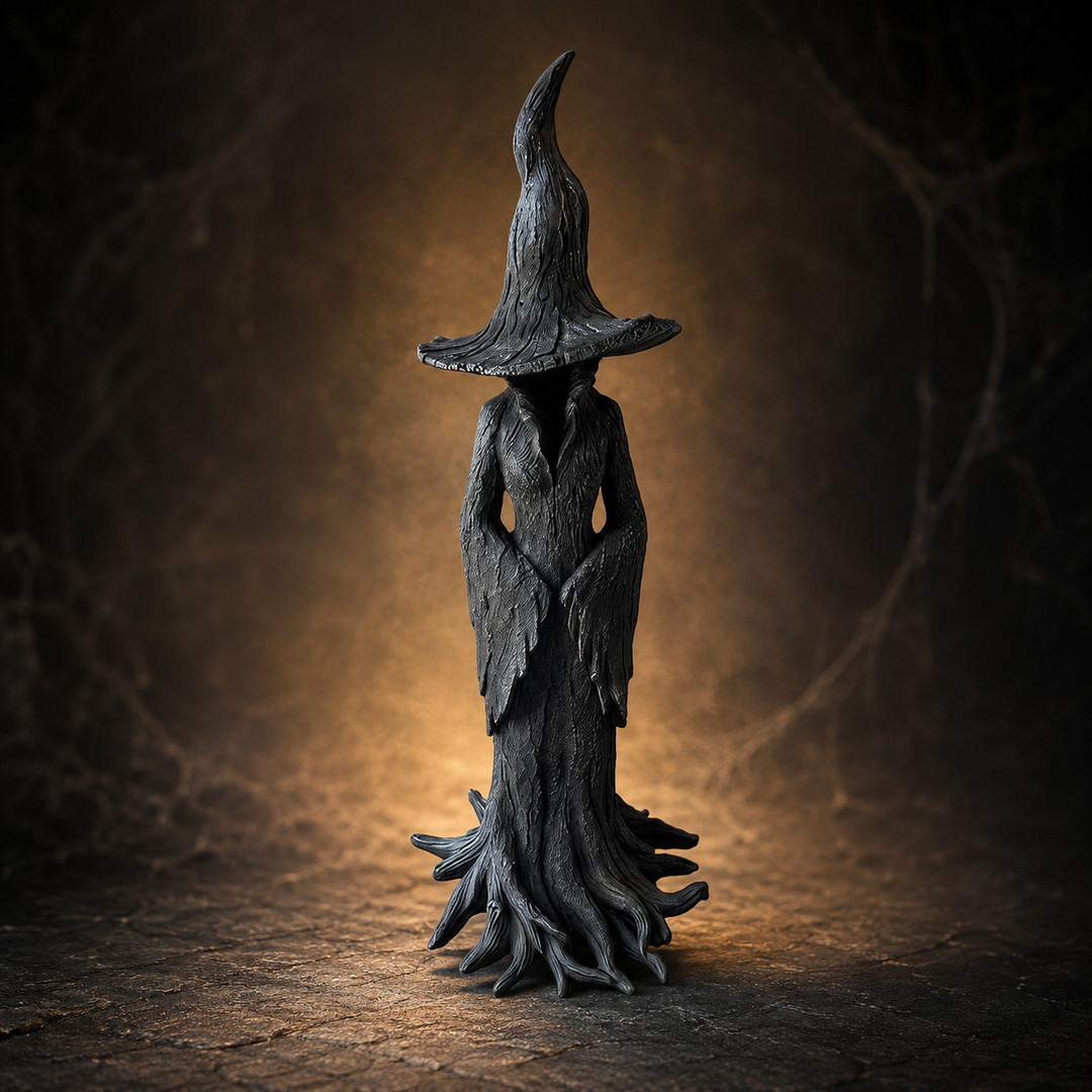 Halloween heksendecoratie beeldje met getextureerde schorsafwerking en wortelvoet voor tafeldecor
