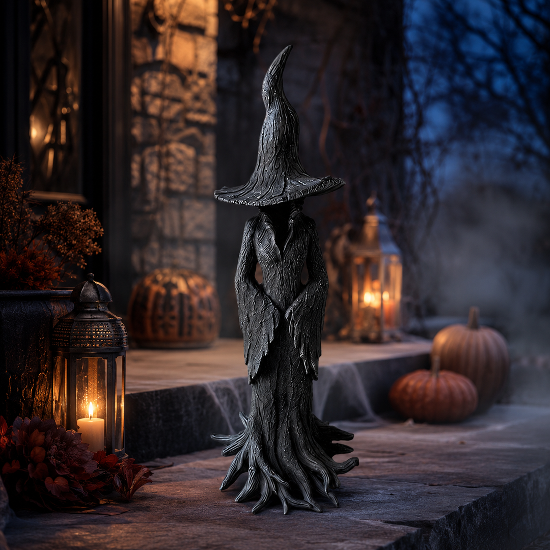 Halloween heksendecoratie beeldje met getextureerde schorsafwerking en wortelvoet voor tafeldecor