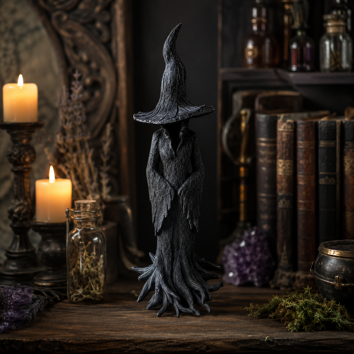 Halloween heksendecoratie beeldje met getextureerde schorsafwerking en wortelvoet voor tafeldecor
