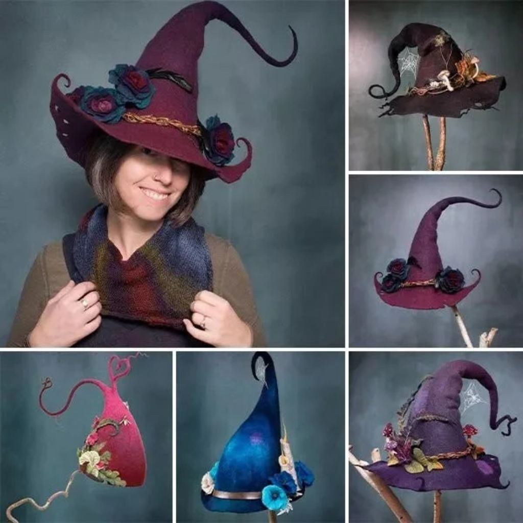 Halloween-heksenhoed van vilten wol met spinnenwebborduursel en bloemendesign voor verkleedfeestjes