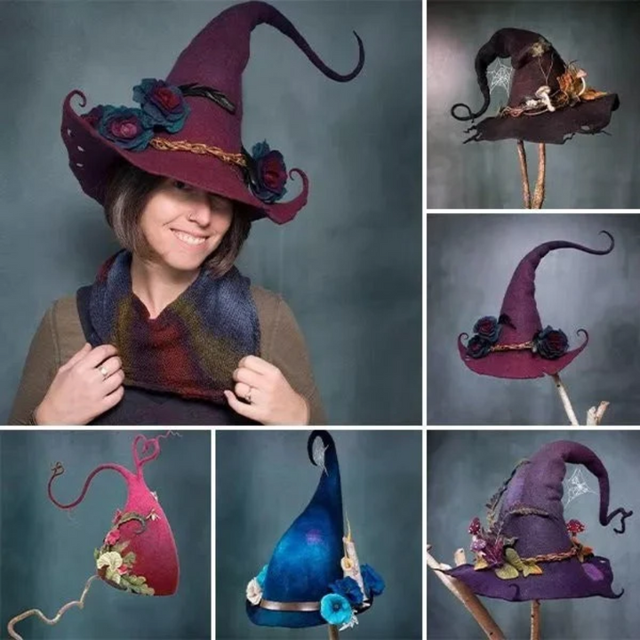 Halloween-heksenhoed van vilten wol met spinnenwebborduursel en bloemendesign voor verkleedfeestjes