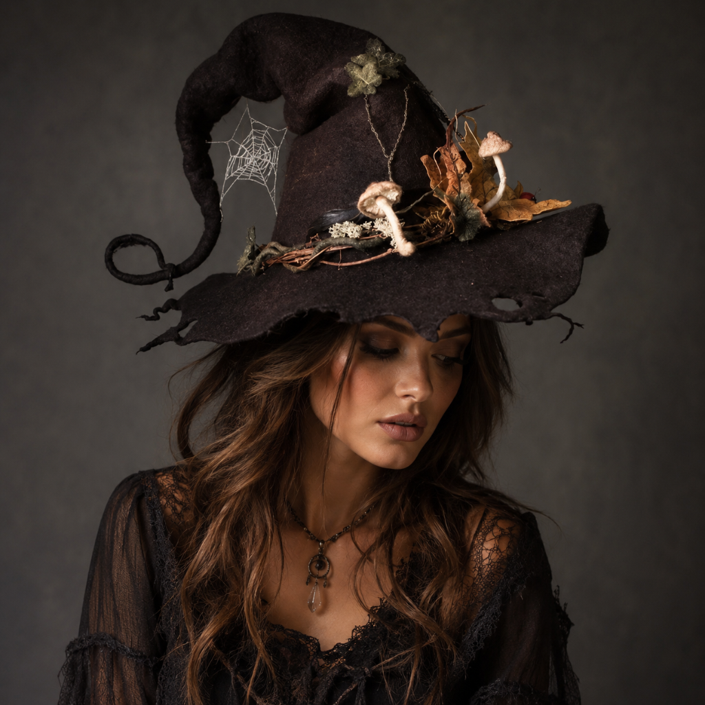 Halloween heksenhoed met versierde bosdetails en grillige gekrulde punt heksen