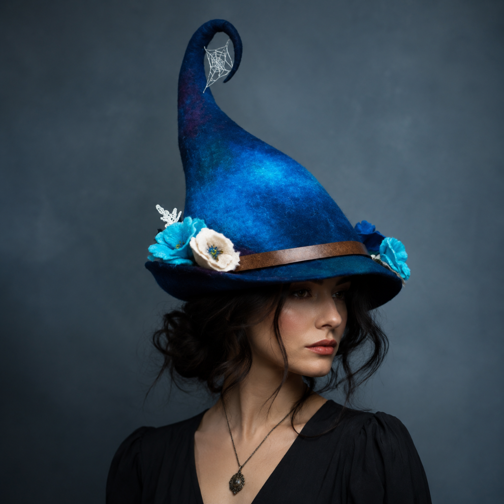 Halloween heksenhoed met versierde bosdetails en grillige gekrulde punt heksen