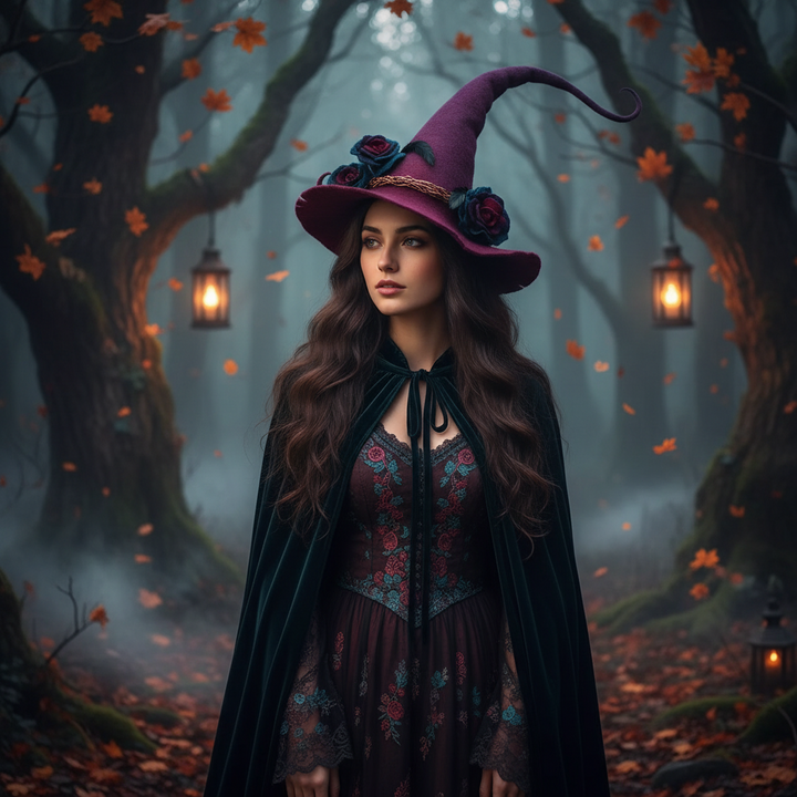 Halloween heksenhoed met versierde bosdetails en grillige gekrulde punt heksen