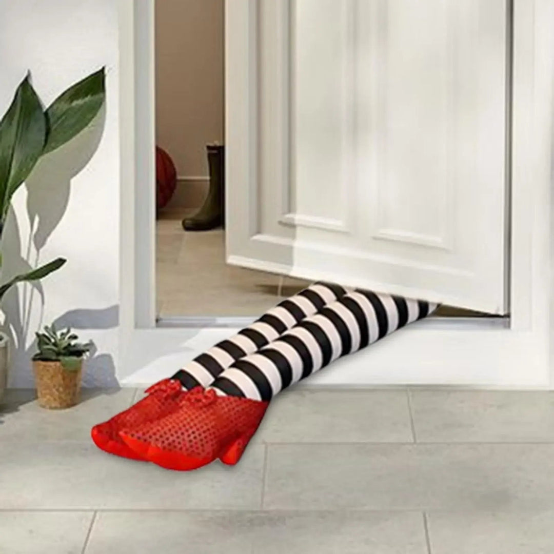 Halloween heksenbenen decoratie deurstopper met gestreepte pluche en rode pailletten schoenen voor feestdecoratie
