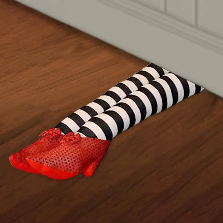 Halloween heksenbenen decoratie deurstopper met gestreepte pluche en rode pailletten schoenen voor feestdecoratie
