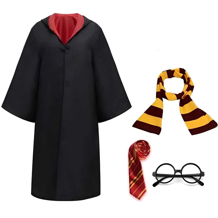 Halloween-tovenaarskostuum gewaadset met gestreepte sjaal, stropdas en bril voor feest en cosplay
