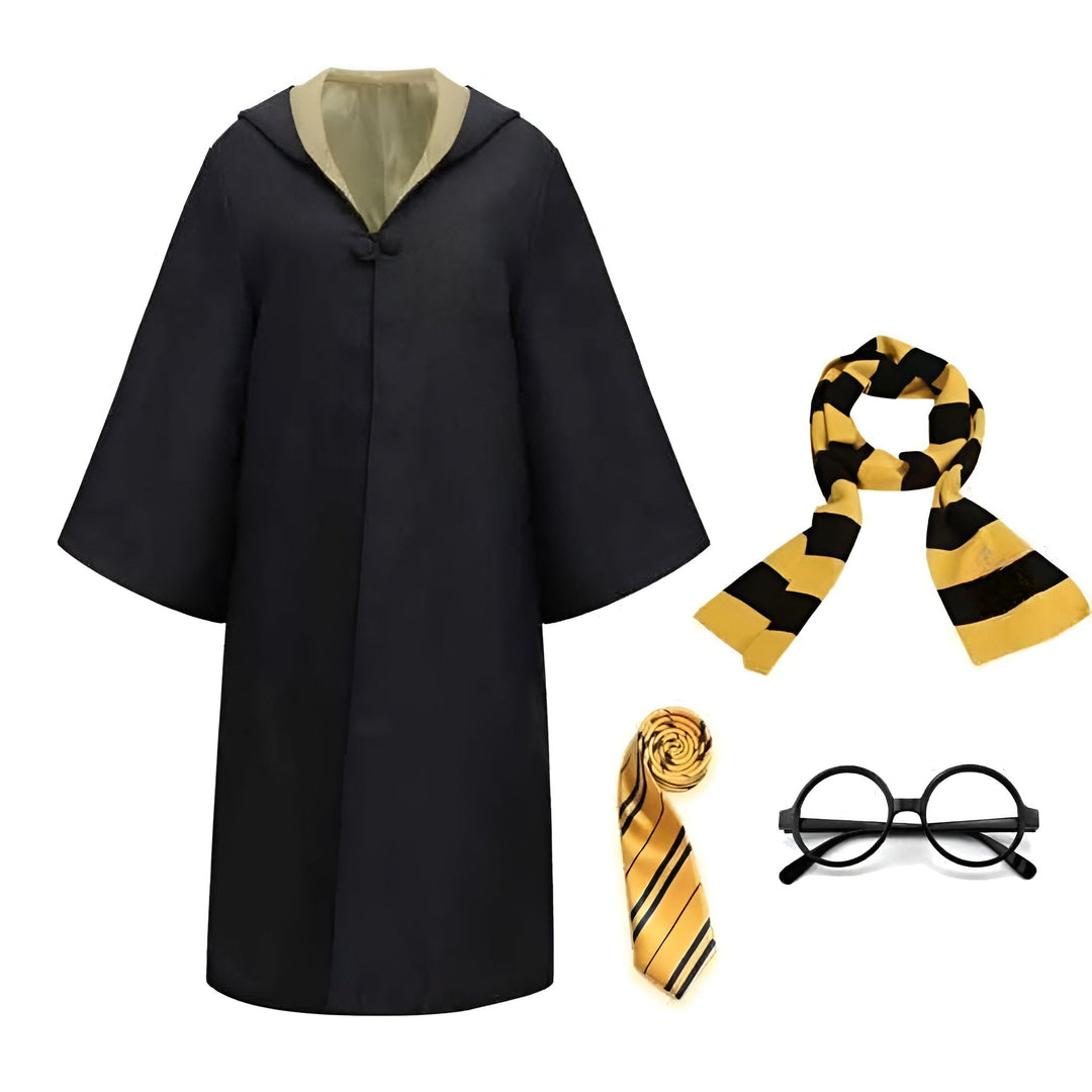 Halloween-tovenaarskostuum gewaadset met gestreepte sjaal, stropdas en bril voor feest en cosplay