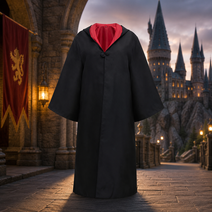 Halloween tovenaarsgewaad kostuum met capuchon, klokmouwen en gestreepte sjaal als accessoireset