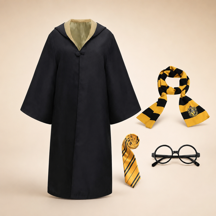 Halloween tovenaarsgewaad kostuum met capuchon, klokmouwen en gestreepte sjaal als accessoireset