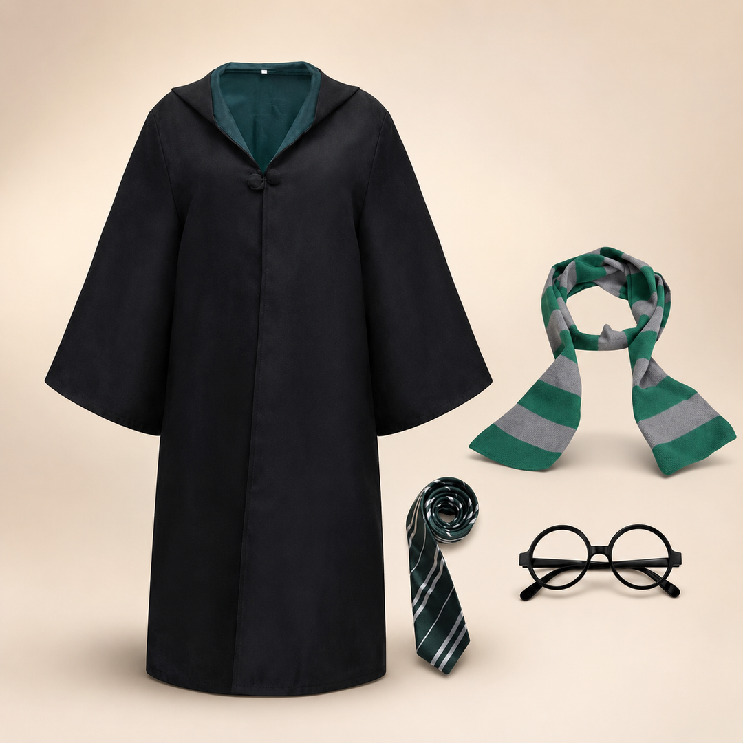 Halloween tovenaarsgewaad kostuum met capuchon, klokmouwen en gestreepte sjaal als accessoireset