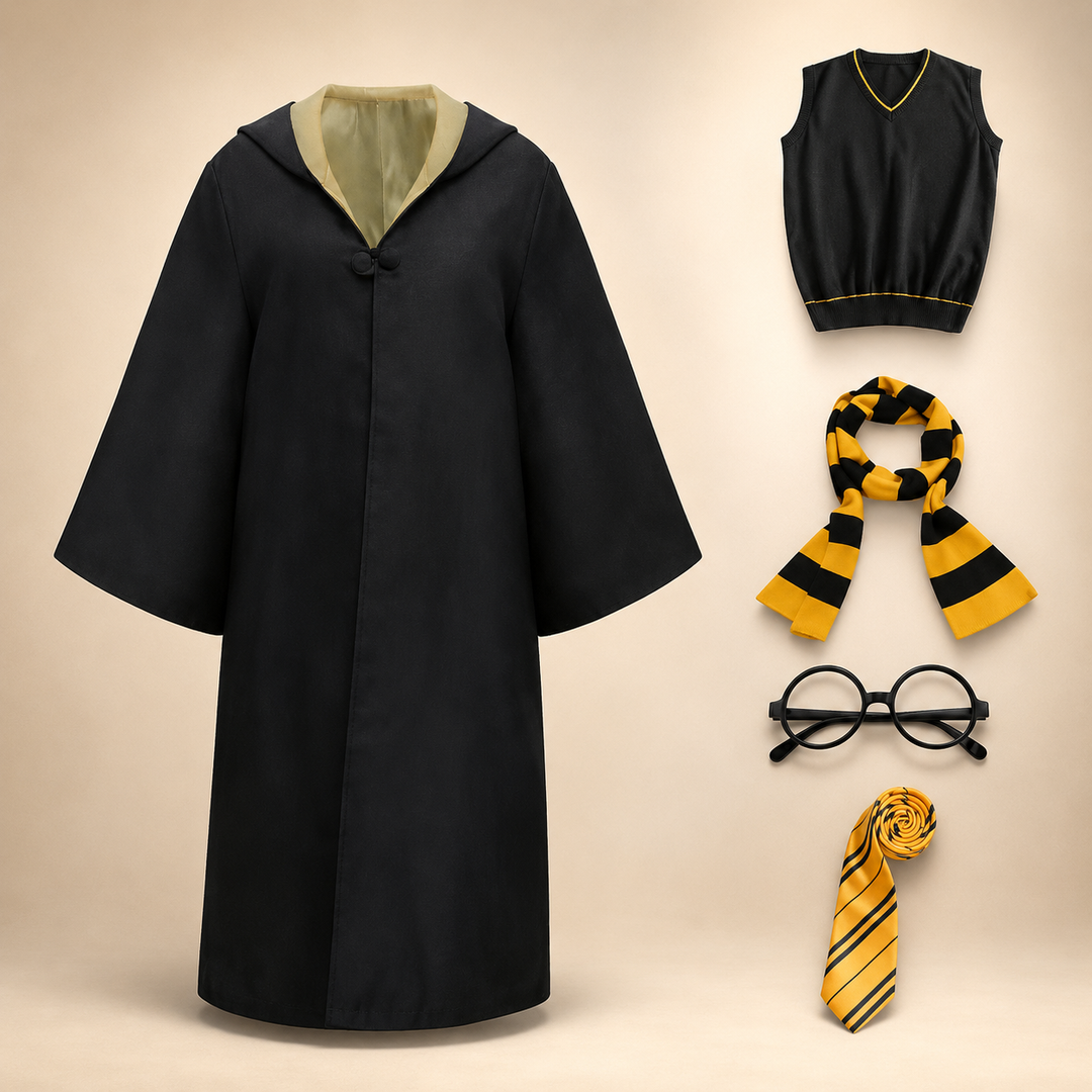 Halloween tovenaarsgewaad kostuum met capuchon, klokmouwen en gestreepte sjaal als accessoireset