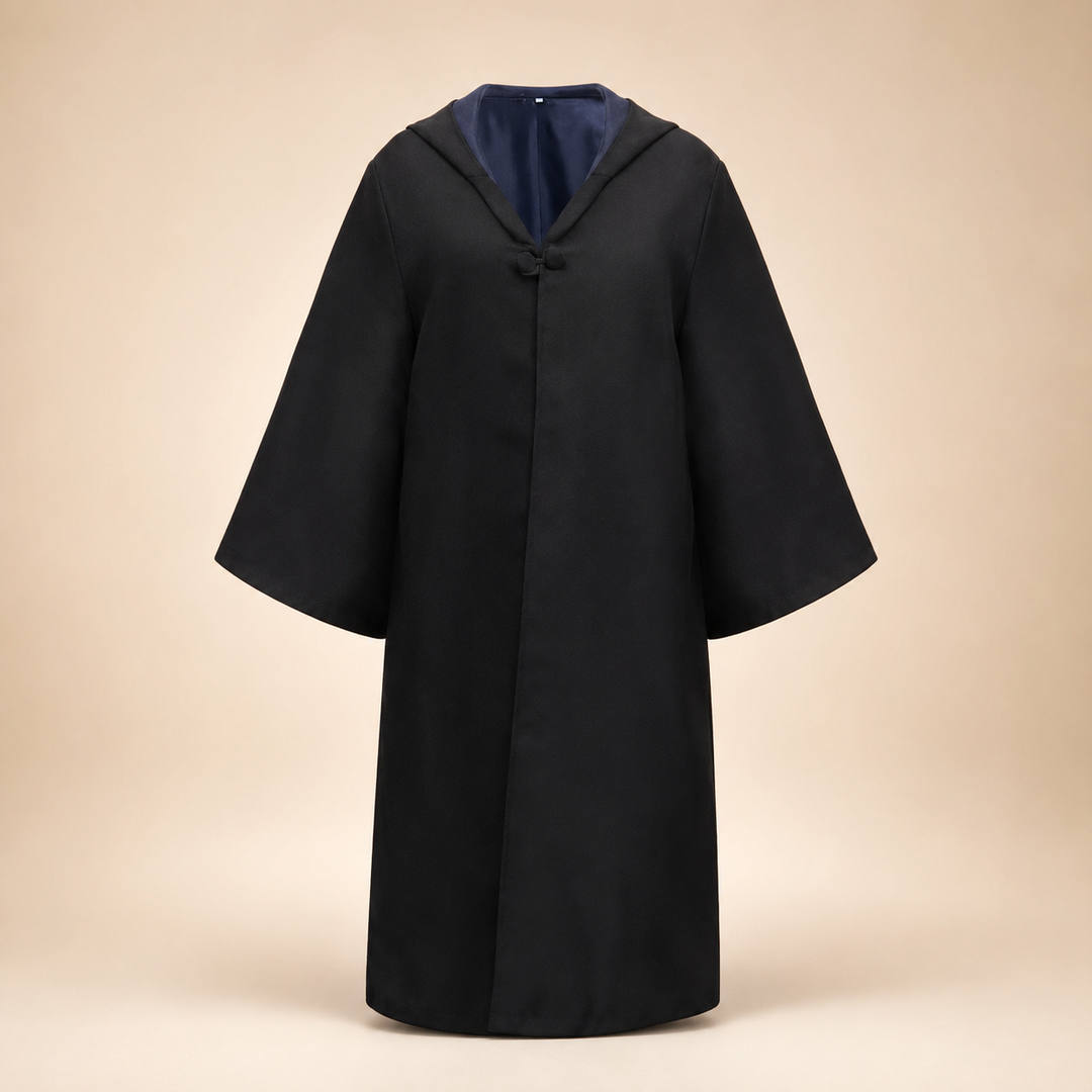 Halloween tovenaarsgewaad kostuum met capuchon, klokmouwen en gestreepte sjaal als accessoireset