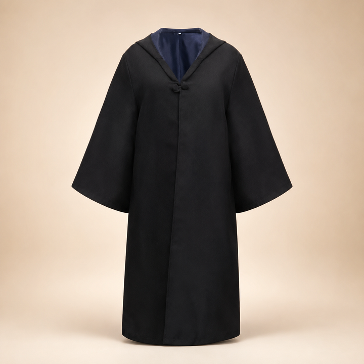 Halloween tovenaarsgewaad kostuum met capuchon, klokmouwen en gestreepte sjaal als accessoireset