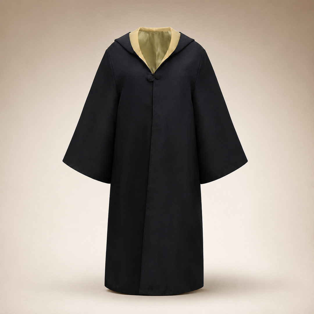 Halloween tovenaarsgewaad kostuum met capuchon, klokmouwen en gestreepte sjaal als accessoireset