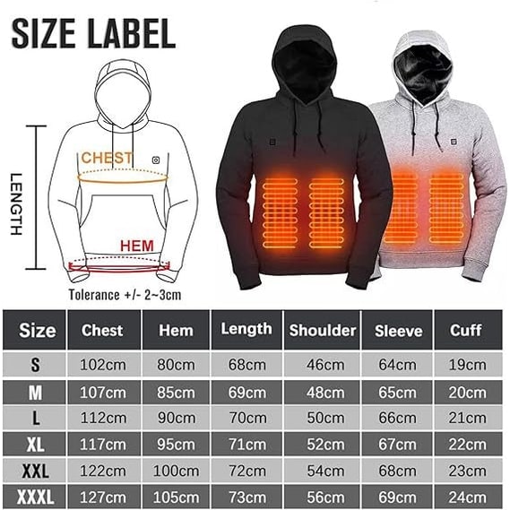 Verwarmde jas en hoodie met USB-verwarmingszones en trekkoordcapuchon