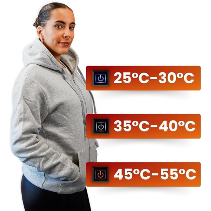 Verwarmde jas en hoodie met USB-verwarmingszones en trekkoordcapuchon