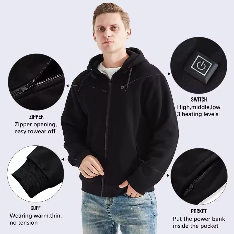 Verwarmde jas en hoodie met USB-verwarmingszones en trekkoordcapuchon