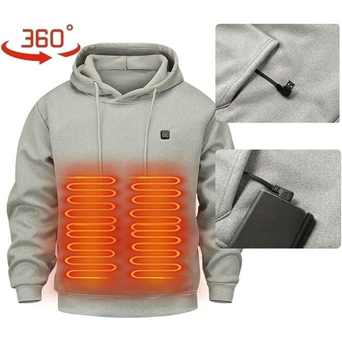 Verwarmde jas en hoodie met USB-verwarmingszones en trekkoordcapuchon